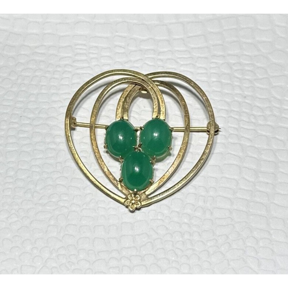 Vintage Winard 12k Gold Filled Heart Brooch Pin Green Cabachons Signed